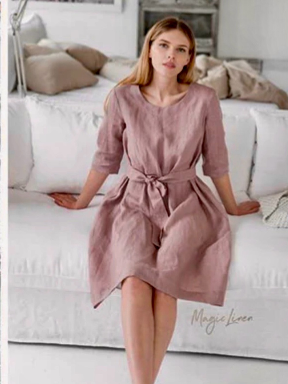 Magic Linen Women's Rose Pink Linen Tie-Waist Dress